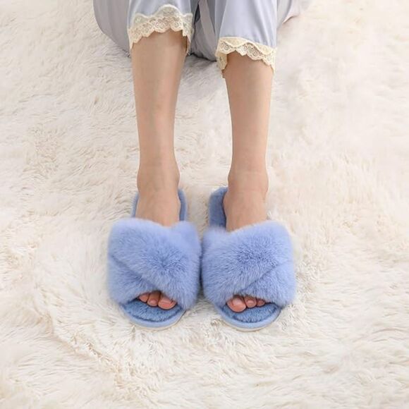 Women's Fuzzy Slippers Cross Band Blue Memory Foam House Slippers Open Toe - Picture 6 of 6